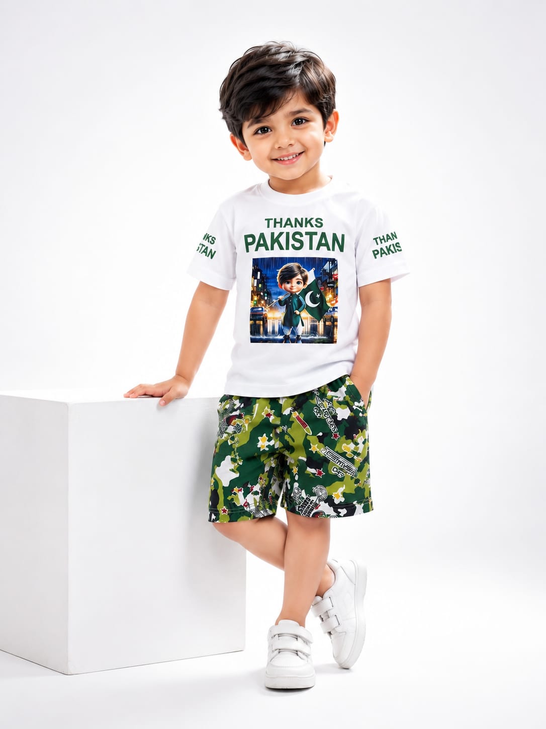 Boys 3D Print 14th August "Thanks Pakistan" T-Shirt & Camo Shorts Set