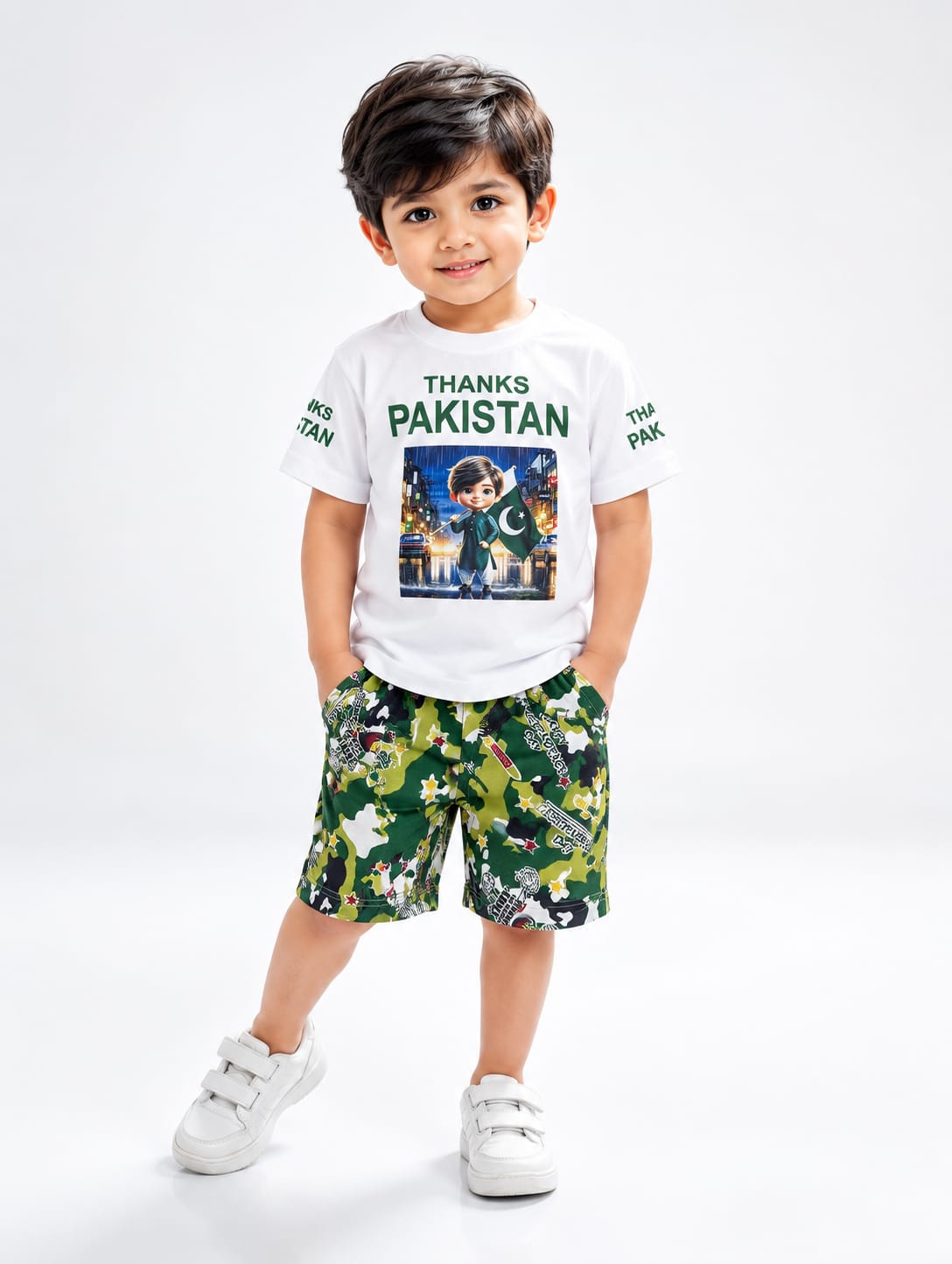 Boys 3D Print 14th August "Thanks Pakistan" T-Shirt & Camo Shorts Set