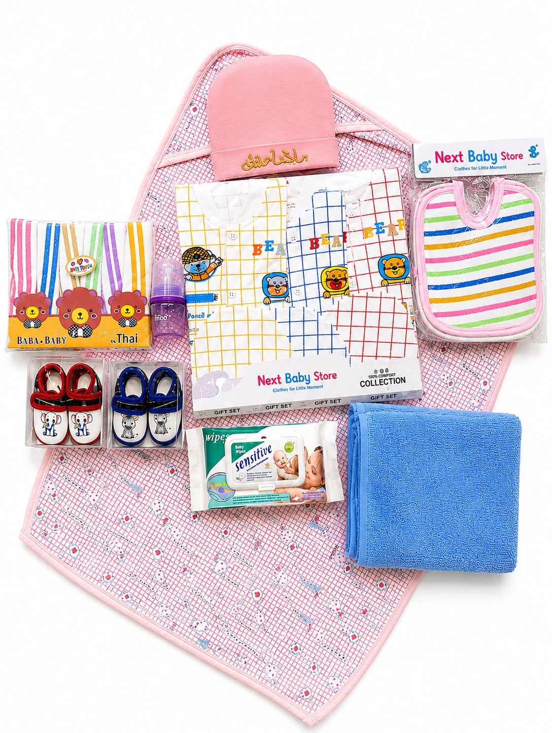 Premium Newborn Baby Essentials Bundle Set Luxury 3 Suits Booties, Bibs, Feeder & Wipes