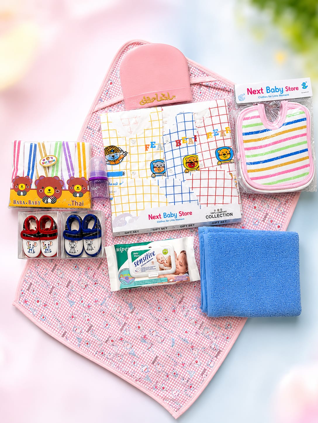 Premium Newborn Baby Essentials Bundle Set Luxury 3 Suits Booties, Bibs, Feeder & Wipes
