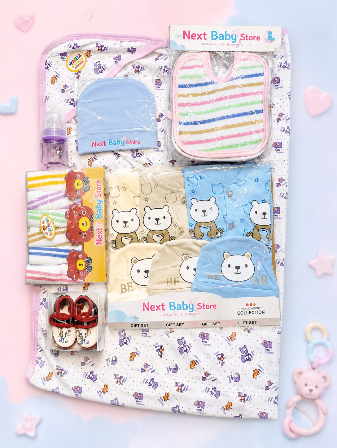 Premium Newborn Baby Gift Set | 3 Suits MASHAALLAH Cap, Hamper, Bibs, Feeder & Blanket Set