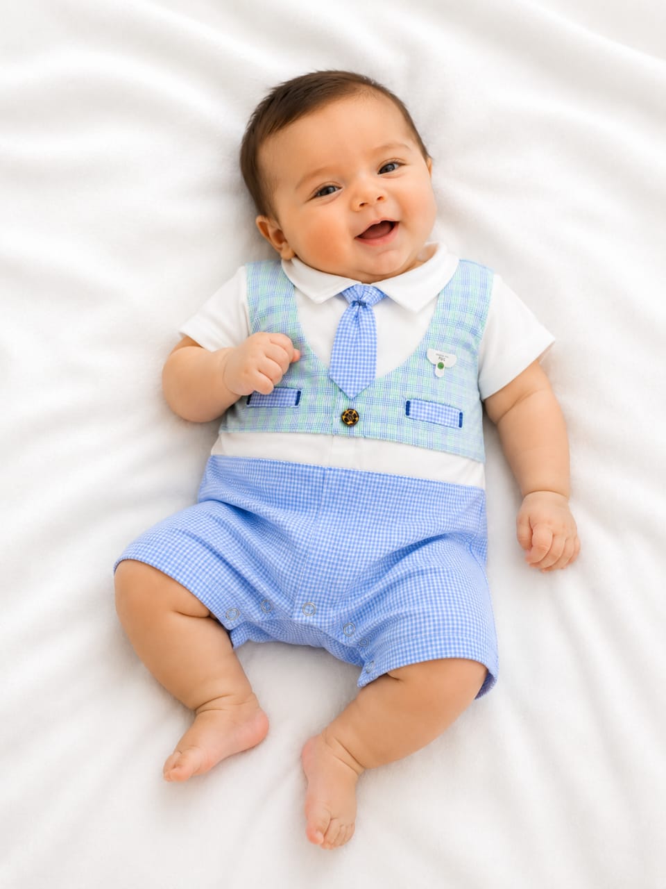 Baby Boys Gentleman Romper with Tie | Plaid Waistcoat Mock Suit Gingham Onesie