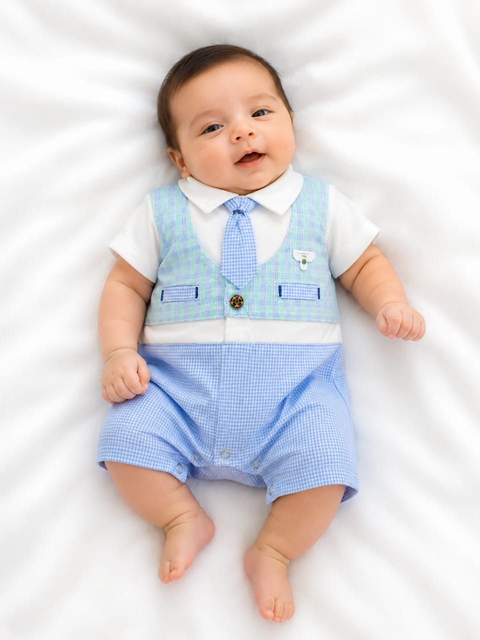 Baby Boys Gentleman Romper with Tie | Plaid Waistcoat Mock Suit Gingham Onesie