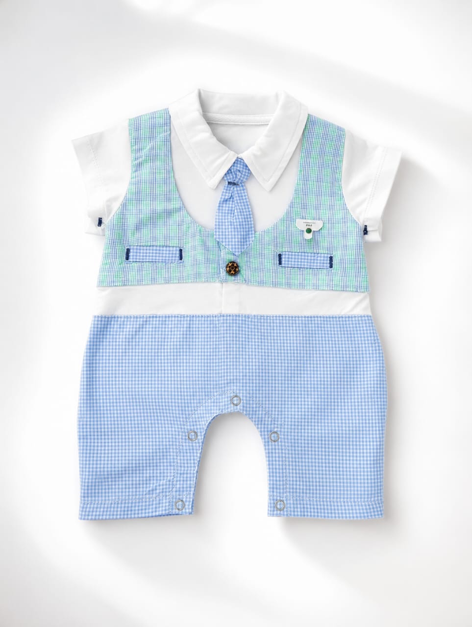 Baby Boys Gentleman Romper with Tie | Plaid Waistcoat Mock Suit Gingham Onesie