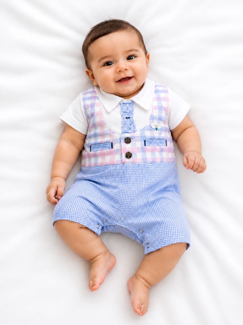 Baby Boys Gentleman Romper with Tie | Pink & Blue Plaid Waistcoat Suit Onesie