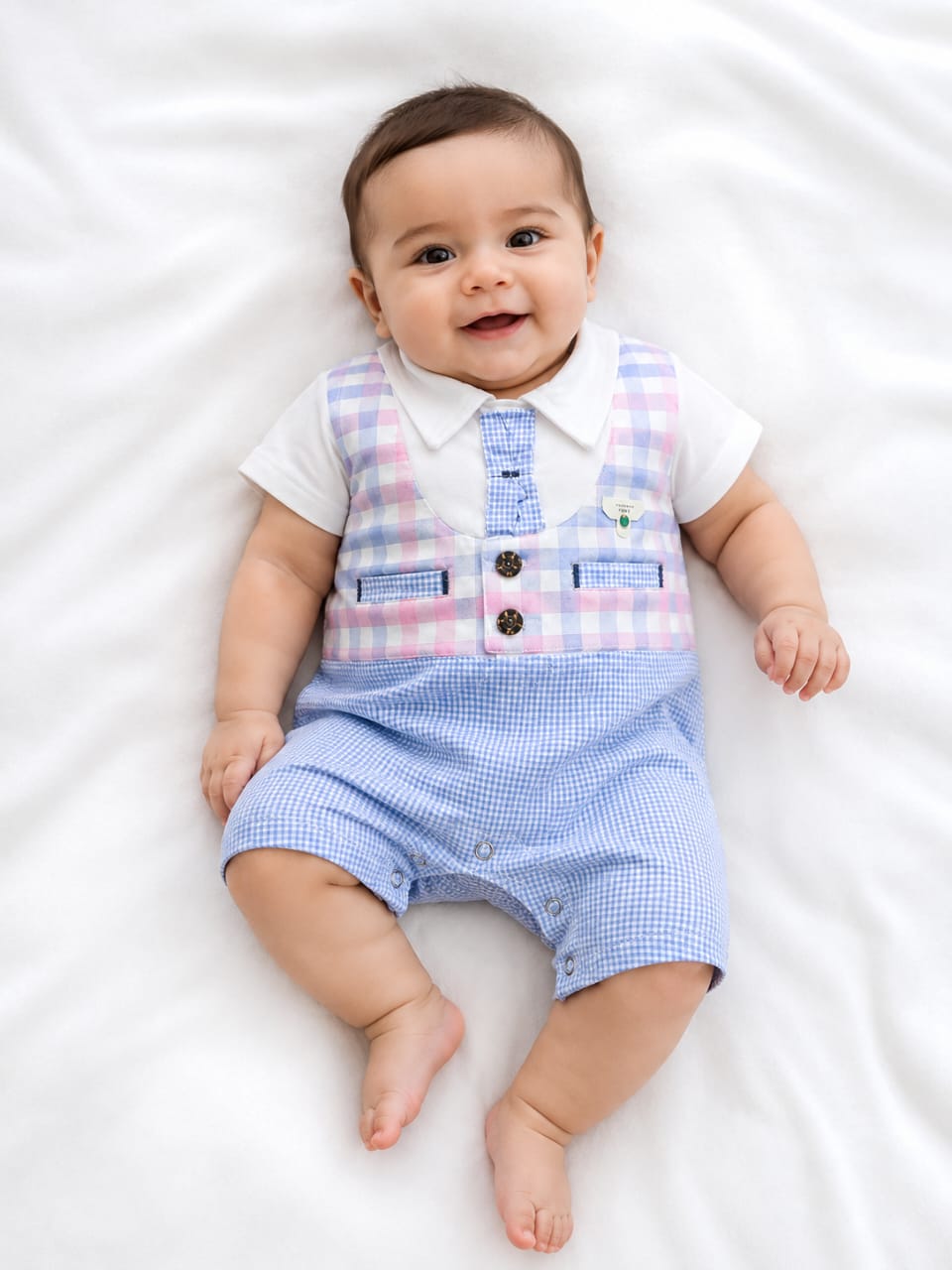 Baby Boys Gentleman Romper with Tie | Pink & Blue Plaid Waistcoat Suit Onesie