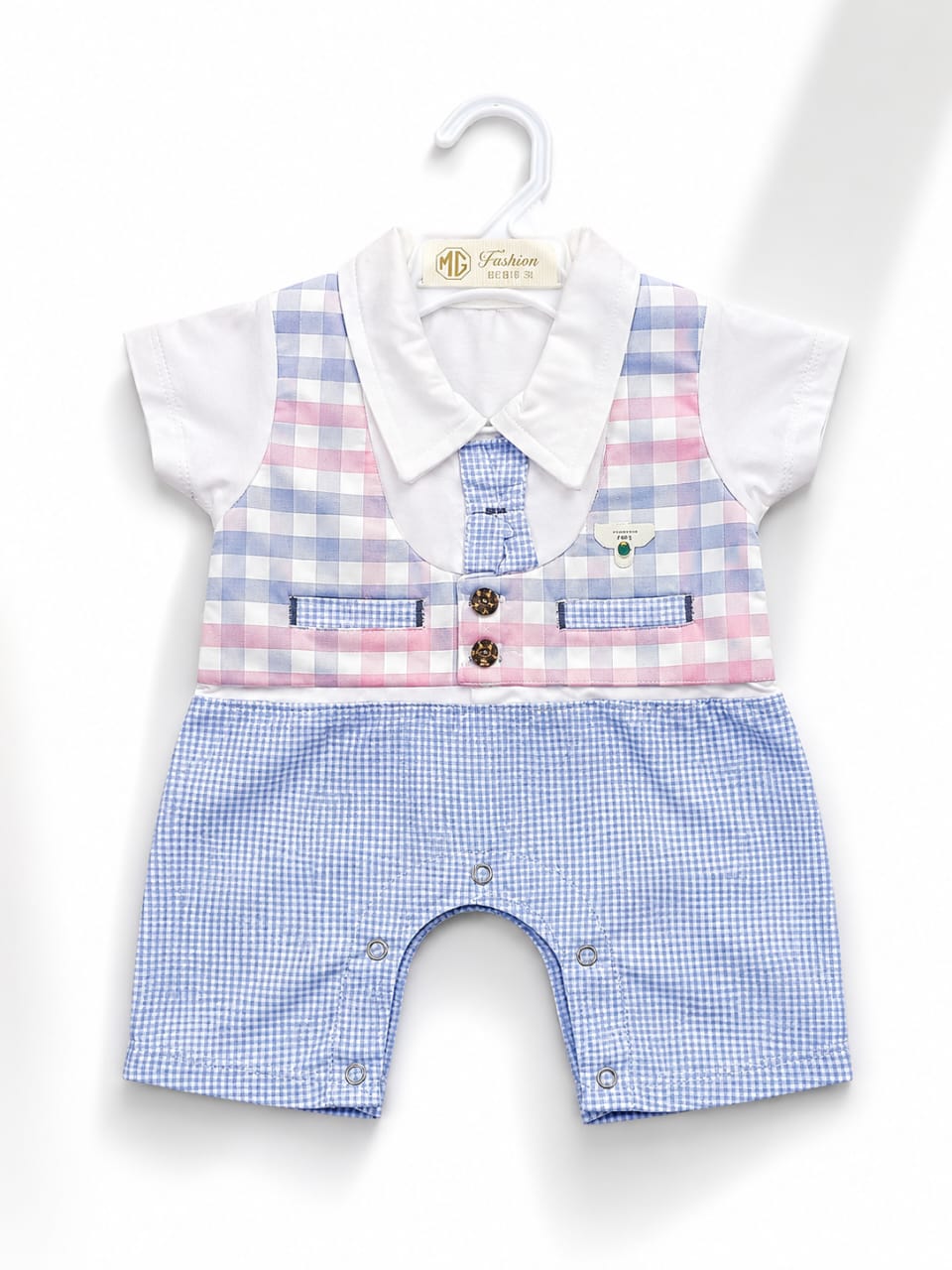 Baby Boys Gentleman Romper with Tie | Pink & Blue Plaid Waistcoat Suit Onesie