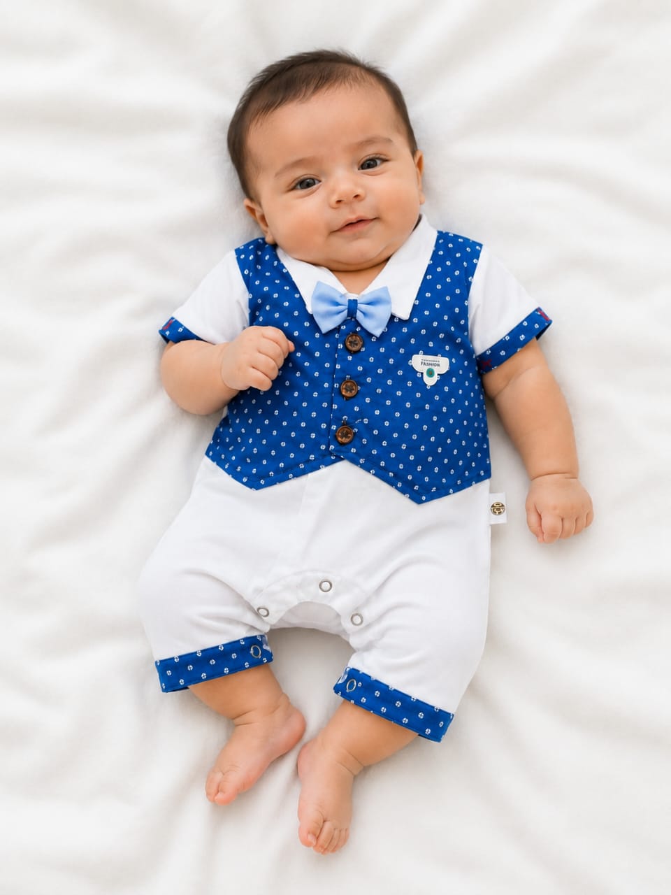 Baby Boys Formal Tuxedo Romper with Bow Tie | Polka Dot Waistcoat Mock Suit Onesie