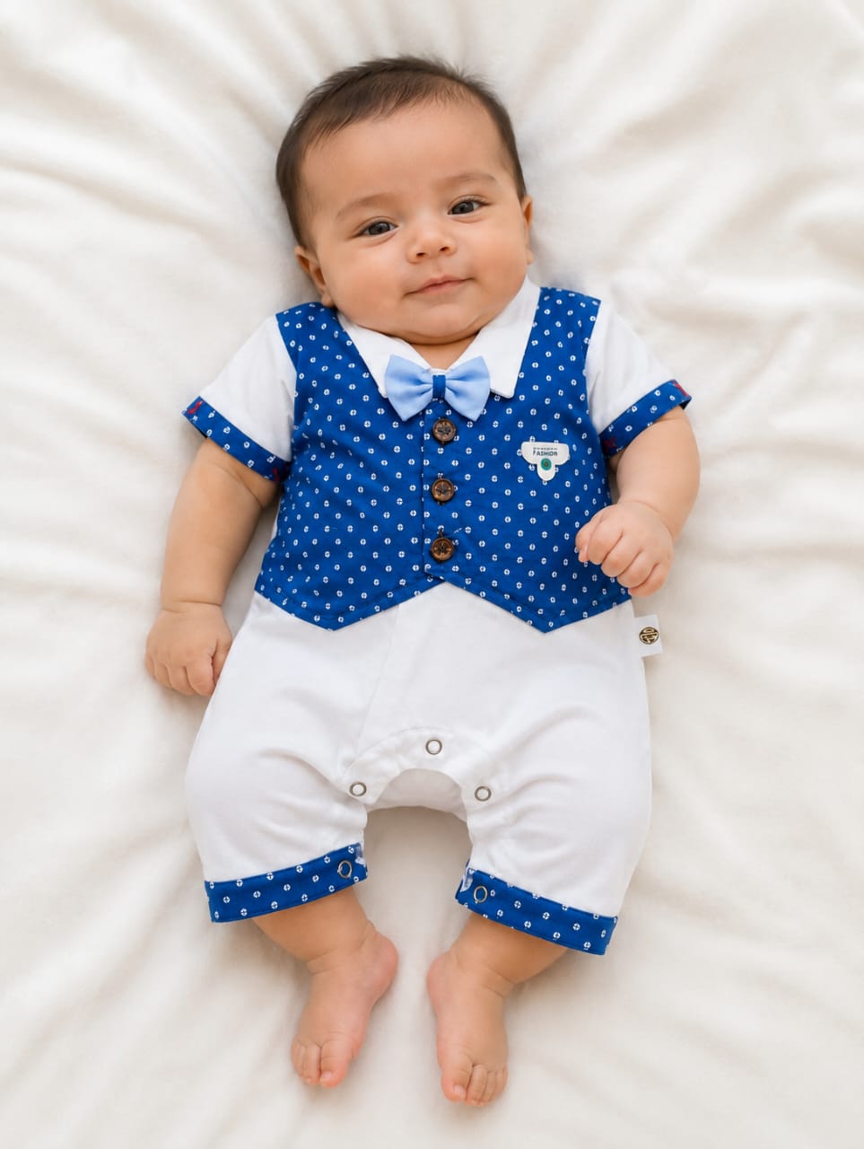 Baby Boys Formal Tuxedo Romper with Bow Tie | Polka Dot Waistcoat Mock Suit Onesie