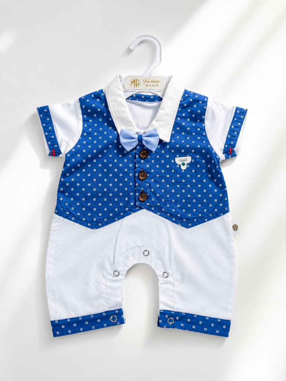 Baby Boys Formal Tuxedo Romper with Bow Tie | Polka Dot Waistcoat Mock Suit Onesie