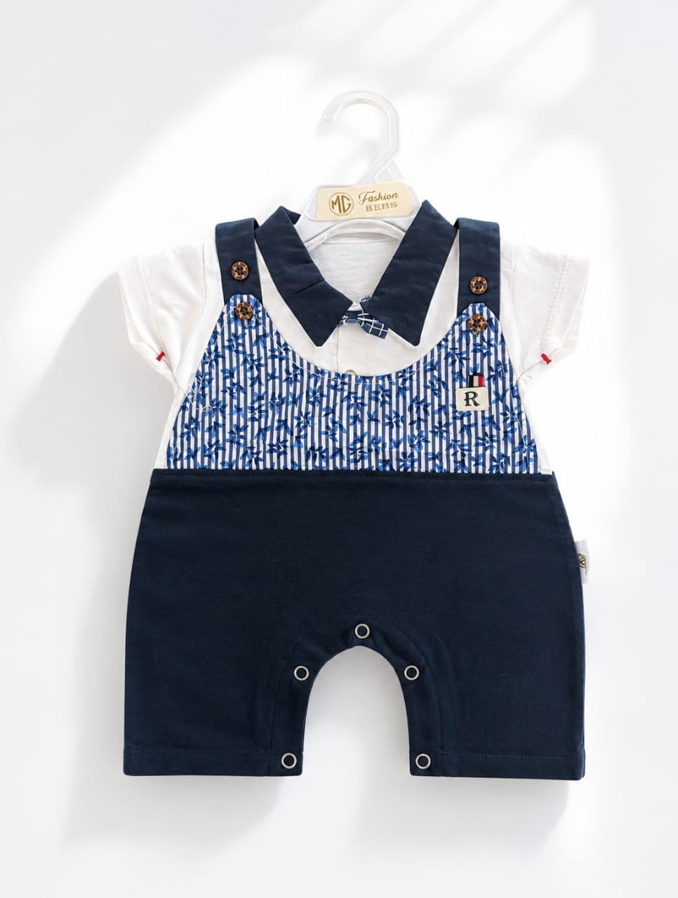 Baby Boys Gentleman Romper with Bow Tie | Navy Blue Striped Mock Neck Onesie