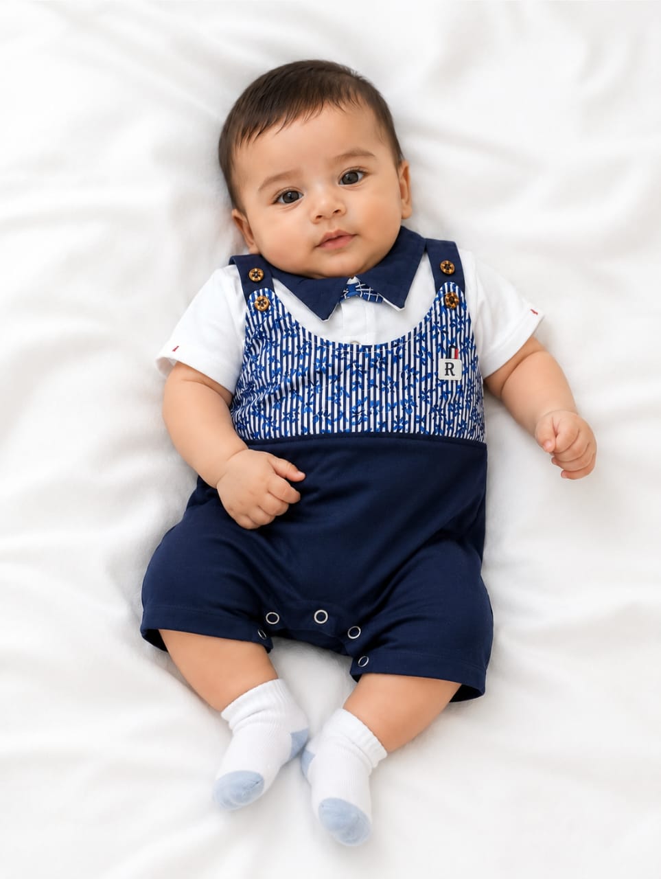 Baby Boys Gentleman Romper with Bow Tie | Navy Blue Striped Mock Neck Onesie