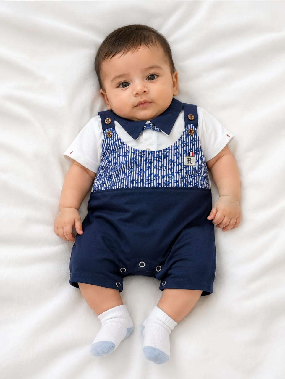 Baby Boys Gentleman Romper with Bow Tie | Navy Blue Striped Mock Neck Onesie