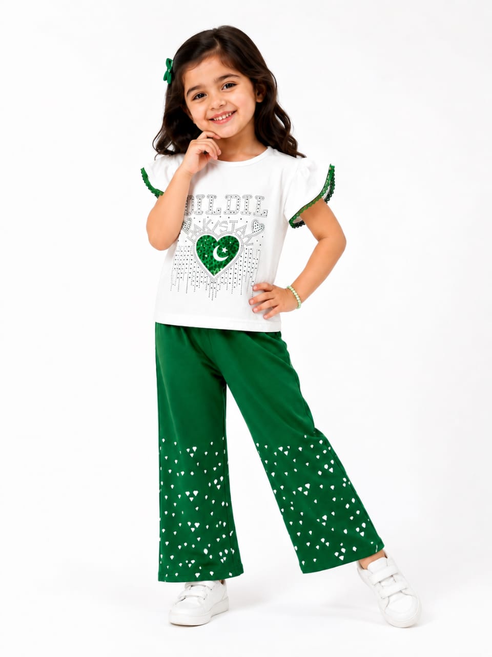 Girls' Premium 14th August Independence Day Set – Dil Dil Pakistan Flutter-Sleeve Top & Wide-Leg Trousers