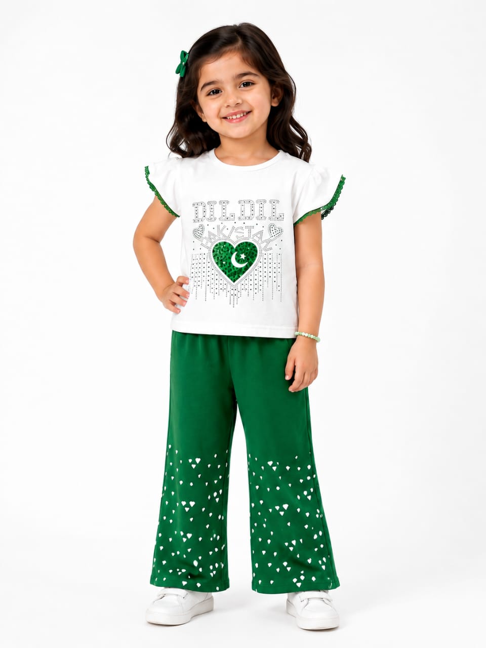 Girls' Premium 14th August Independence Day Set – Dil Dil Pakistan Flutter-Sleeve Top & Wide-Leg Trousers