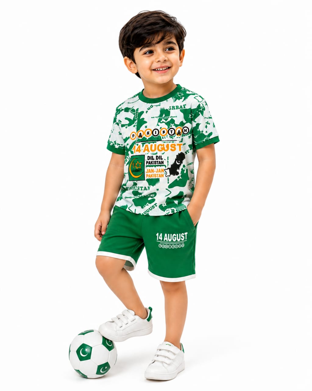 Boys' Premium 14th August Independence Day Set – Pakistan Map Camo Tee & Green Shorts