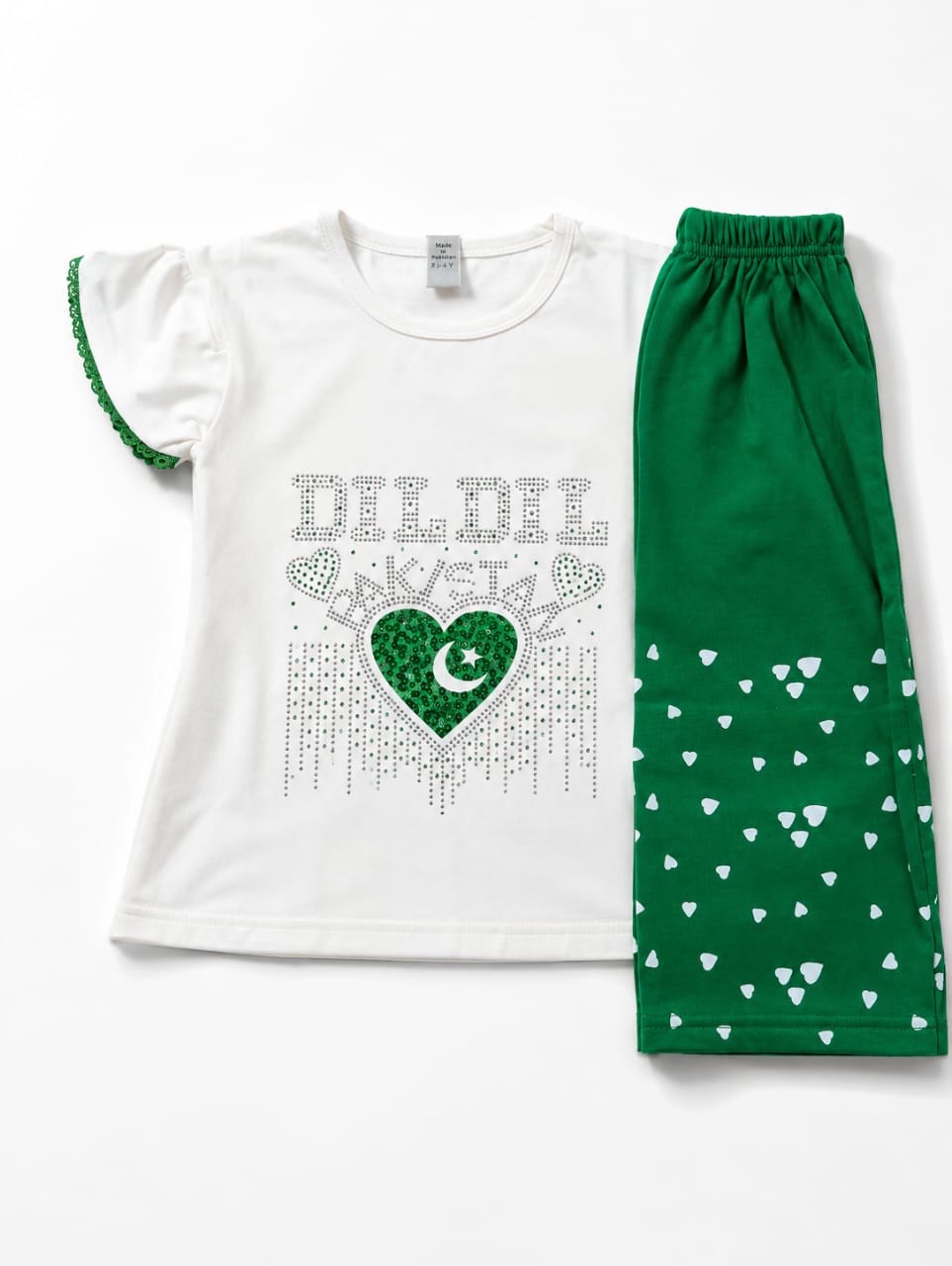 Girls' Premium 14th August Independence Day Set – Dil Dil Pakistan Flutter-Sleeve Top & Wide-Leg Trousers