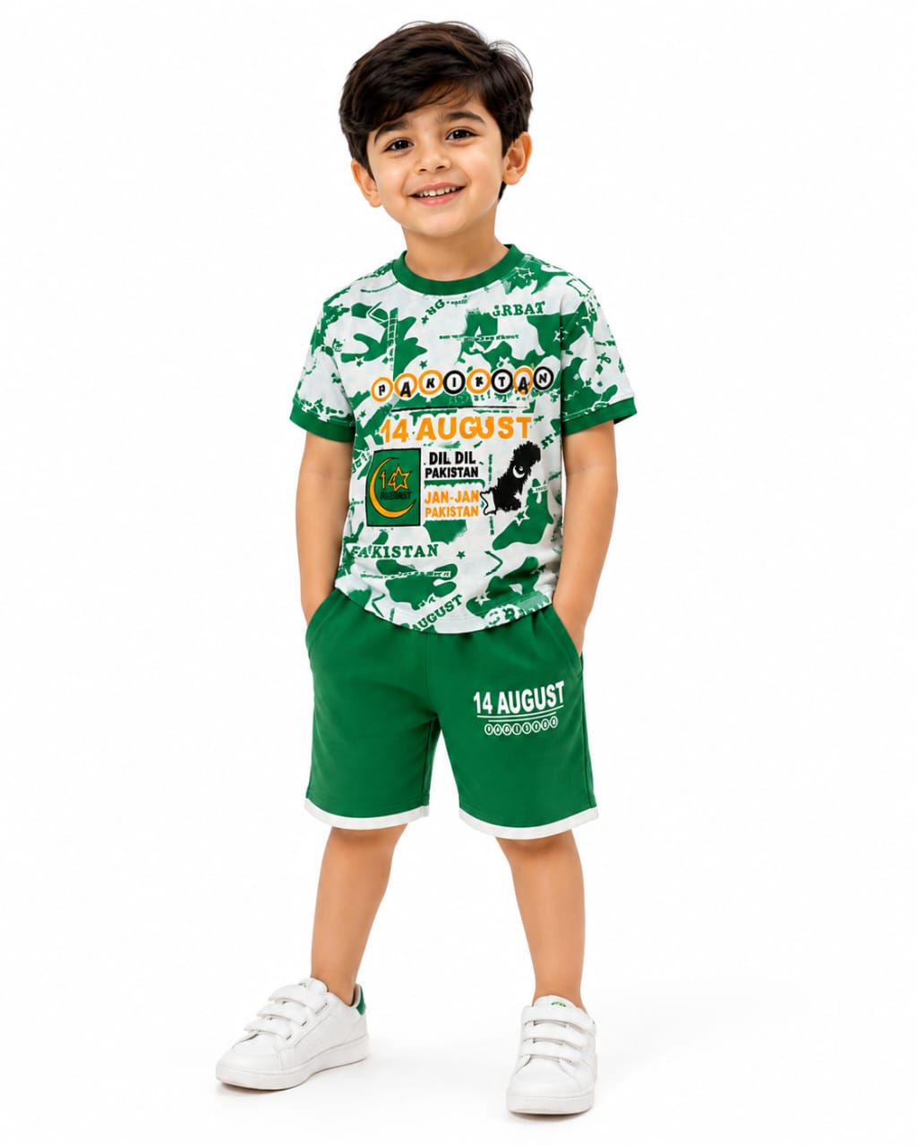 Boys' Premium 14th August Independence Day Set – Pakistan Map Camo Tee & Green Shorts