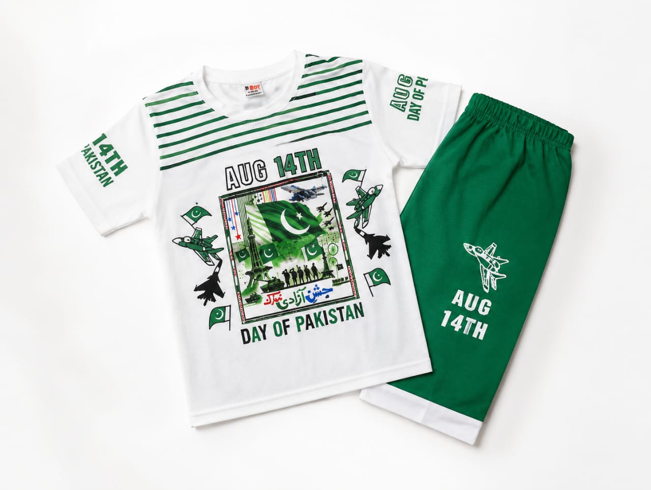 Boys' Premium 14th August Independence Day Set – Patriotic Graphic Striped Tee & Green Shorts