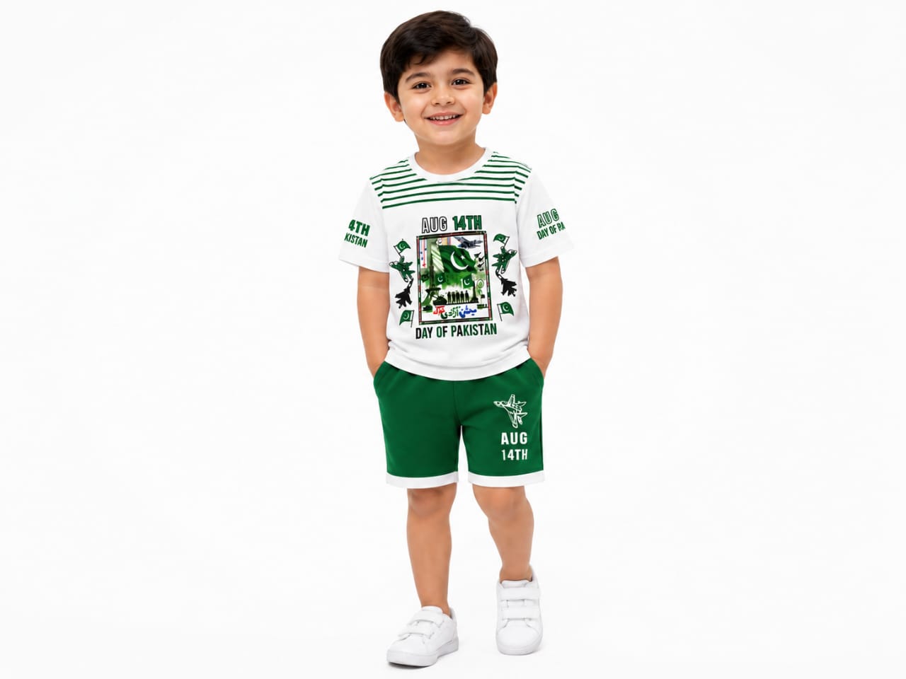 Boys' Premium 14th August Independence Day Set – Patriotic Graphic Striped Tee & Green Shorts