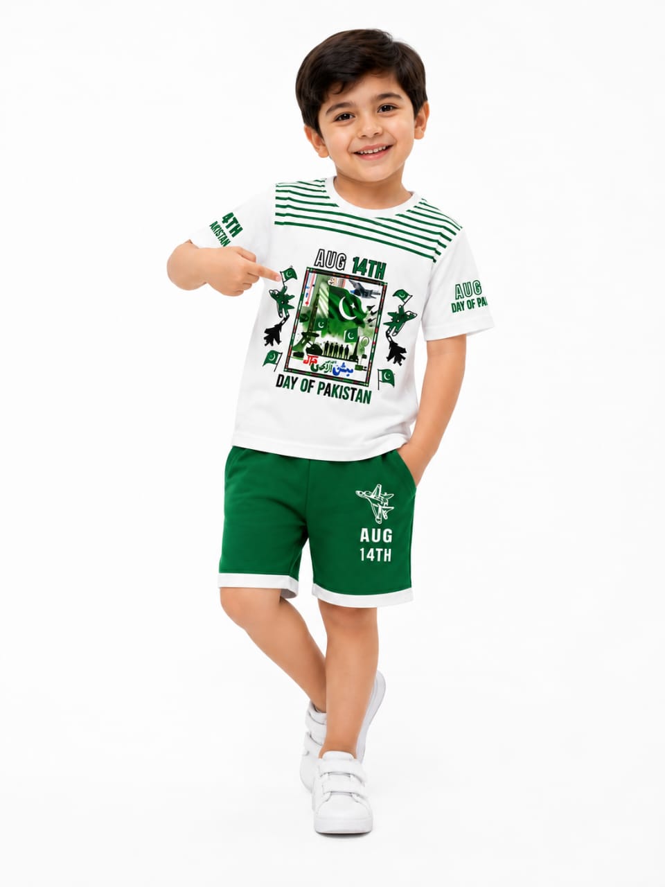 Boys' Premium 14th August Independence Day Set – Patriotic Graphic Striped Tee & Green Shorts