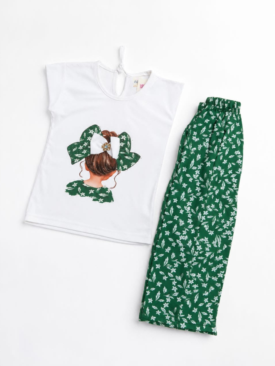 Girls' Premium Independence Day Set – Elegant Graphic Tee & Ditsy Floral Flared Trousers