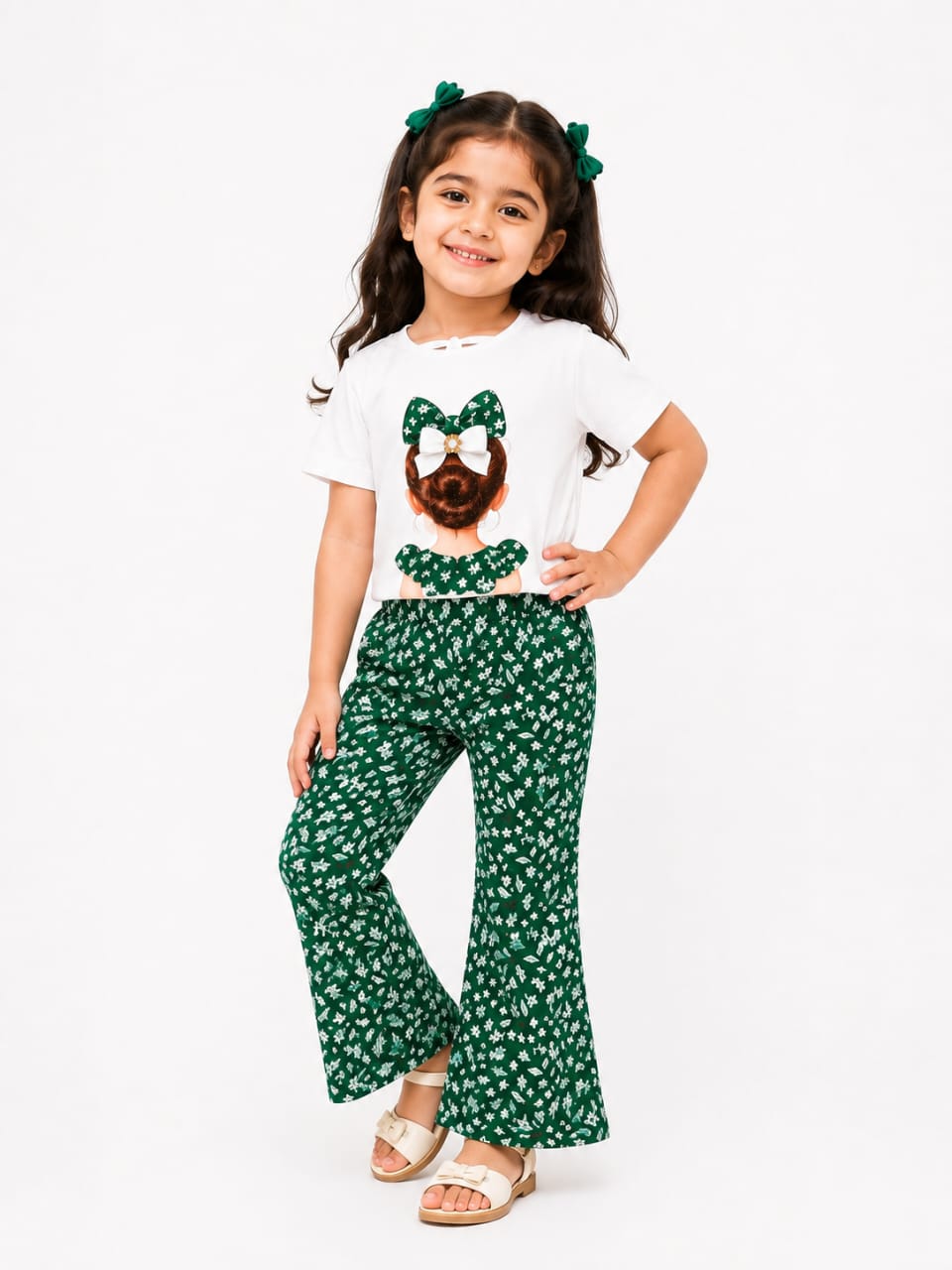 Girls' Premium Independence Day Set – Elegant Graphic Tee & Ditsy Floral Flared Trousers