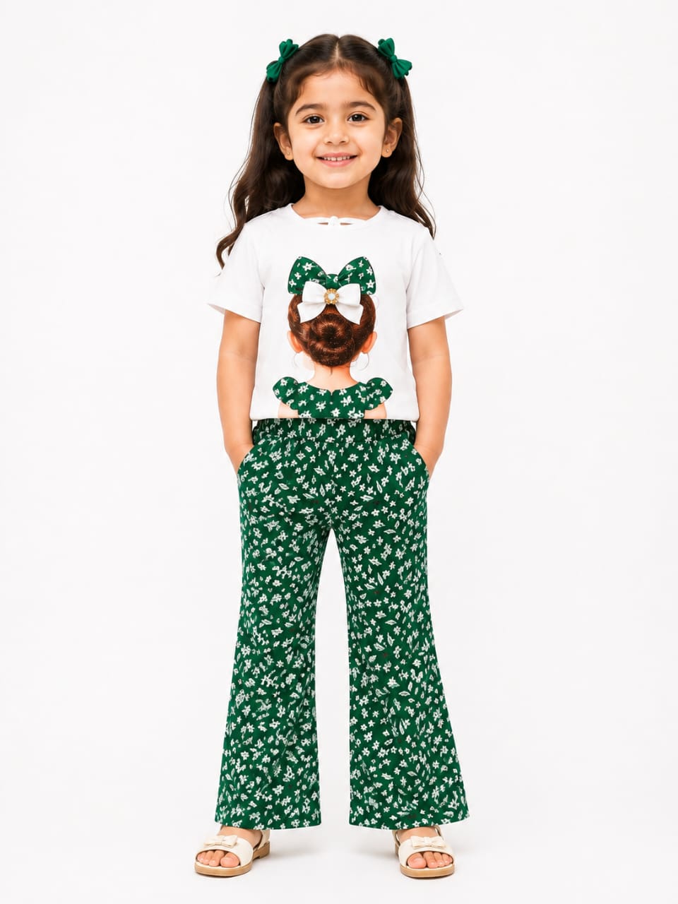 Girls' Premium Independence Day Set – Elegant Graphic Tee & Ditsy Floral Flared Trousers