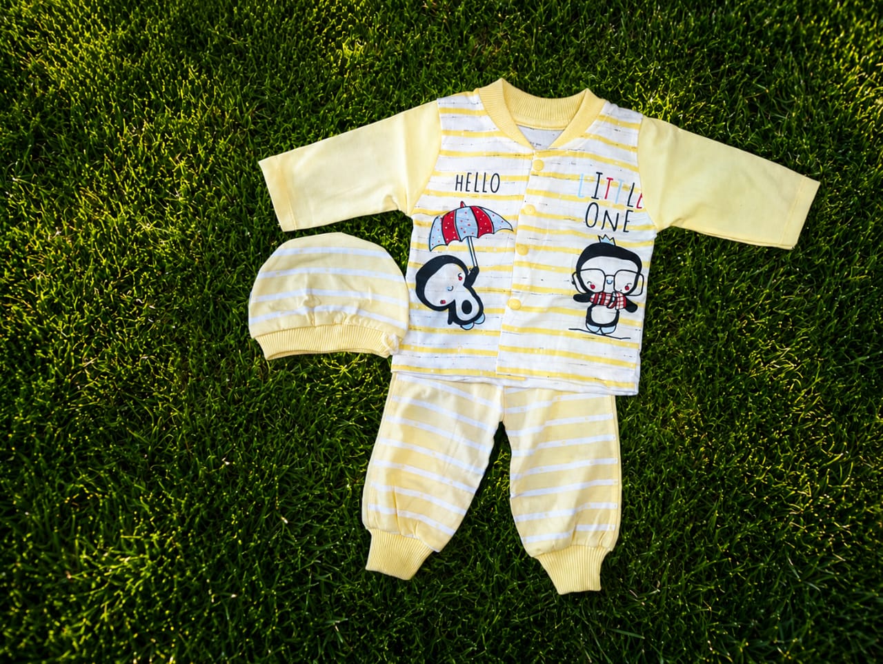 New Born Infant 3-Piece Lounge Suit – Canary Yellow Nautical Stripe with Coordinating Beanie