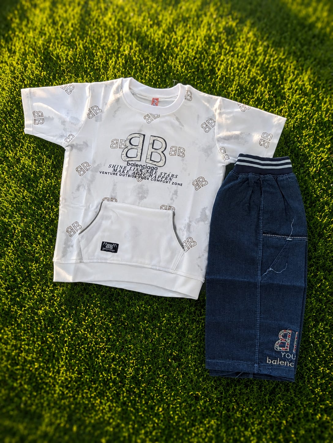 Baby Boys' Graphic Emblem Tee & Structured Denim Shorts Premium Set Suit