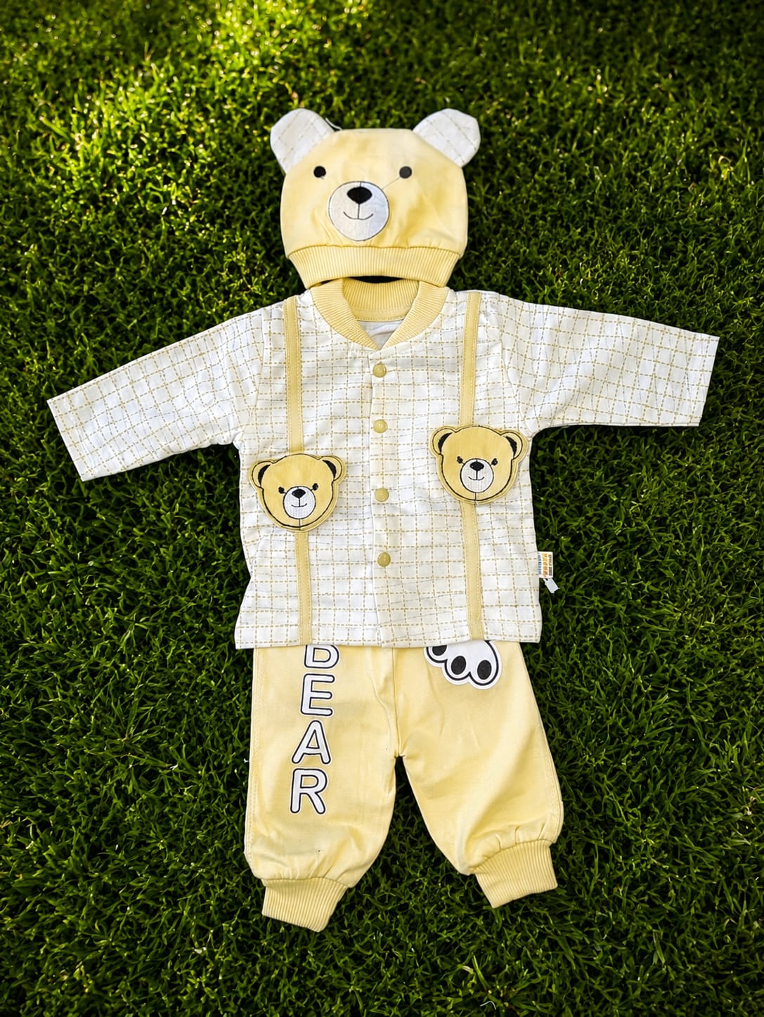 New Born Infant Luxury 3-Piece Teddy Set – Buttercream Tweed & Pastel Yellow