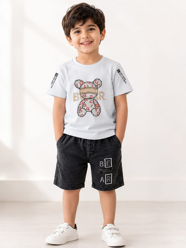 Baby Boys Teddy Bear Print White/Black T-Shirt & Shorts Set Suit