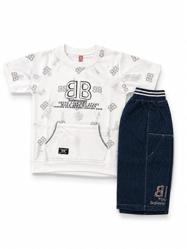 Baby Boys' Graphic Emblem Tee & Structured Denim Shorts Premium Set Suit