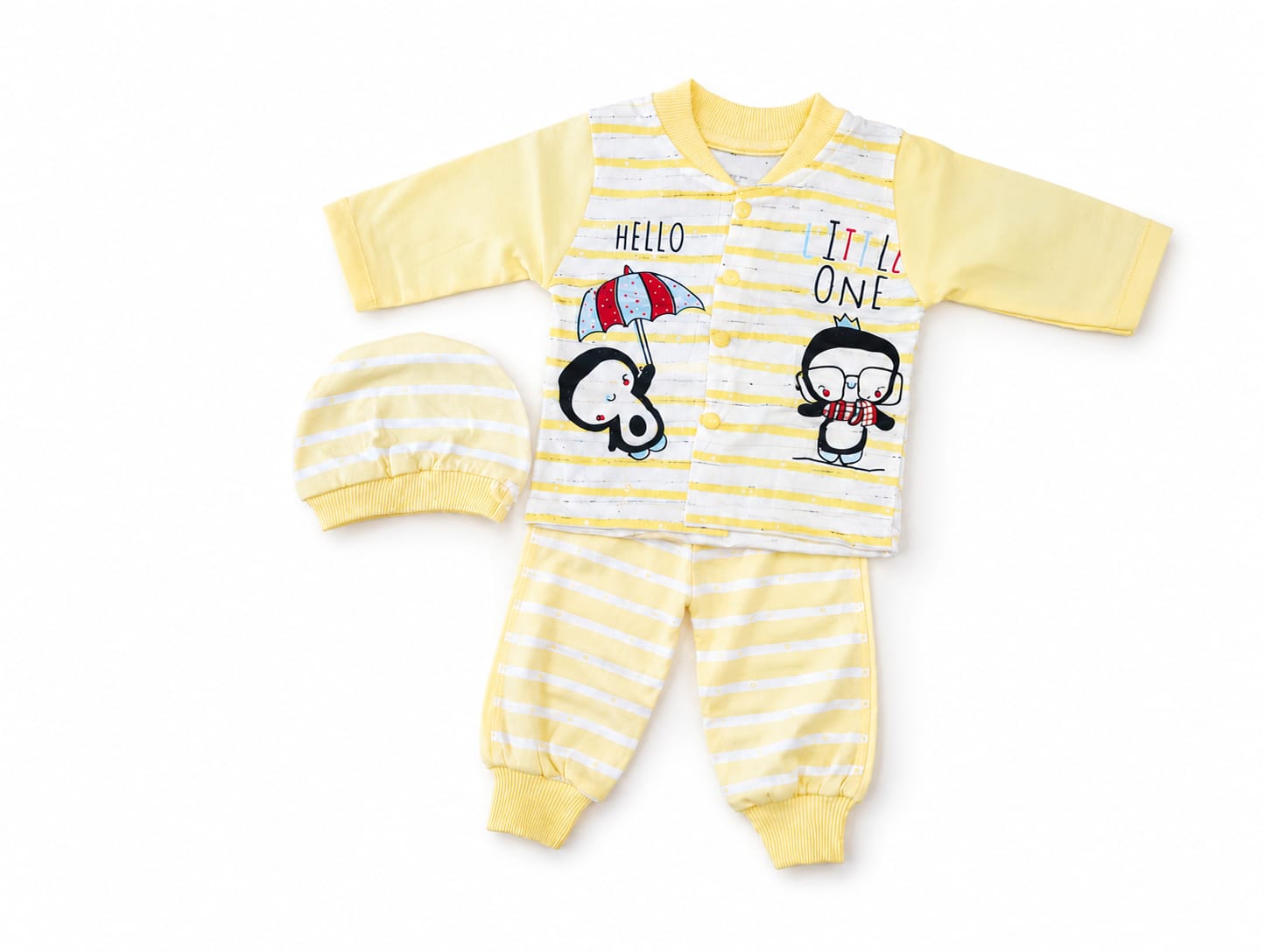 New Born Infant 3-Piece Lounge Suit – Canary Yellow Nautical Stripe with Coordinating Beanie