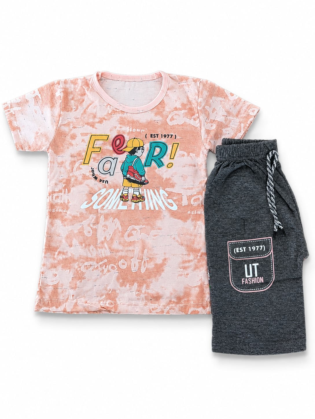 Baby Boys' Peach Tie-Dye Graphic Tee & Charcoal Knit Drawstring Shorts Set Suit