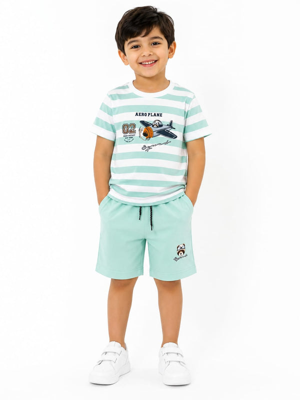 Baby Boys Mint Green Striped Aeroplane Print Cotton T-Shirt & Shorts Set Suit