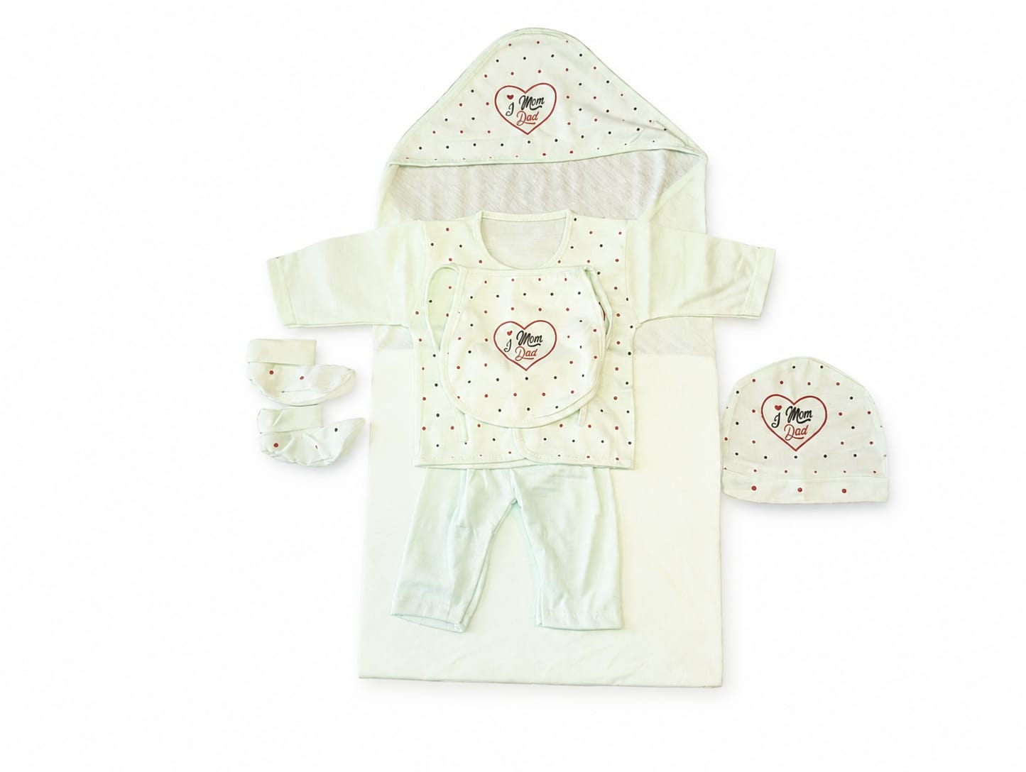 New Born Infant Premium 6-Piece Layette Gift Set – Cream & Crimson Heart Suit
