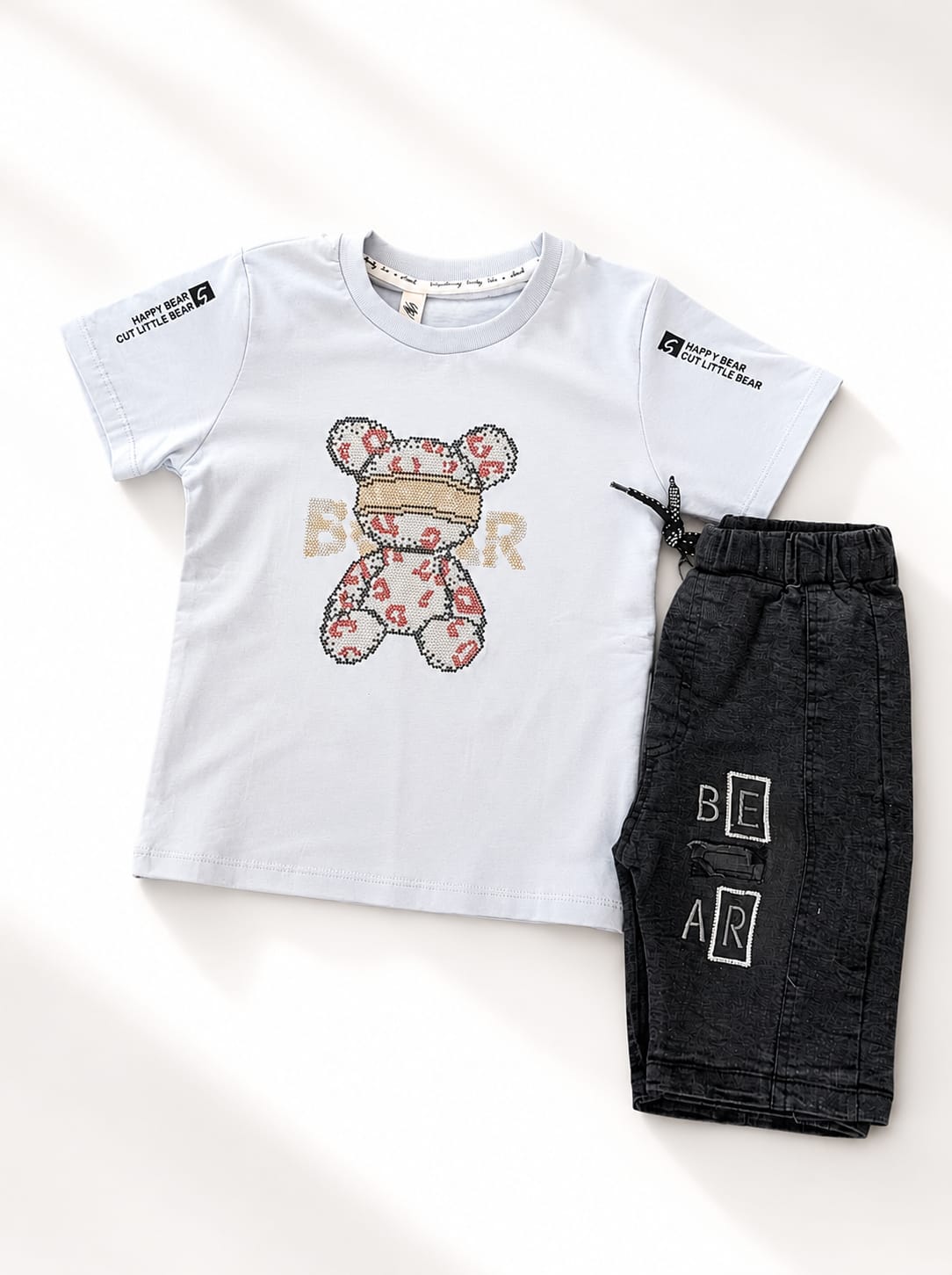 Baby Boys Teddy Bear Print White/Black T-Shirt & Shorts Set Suit