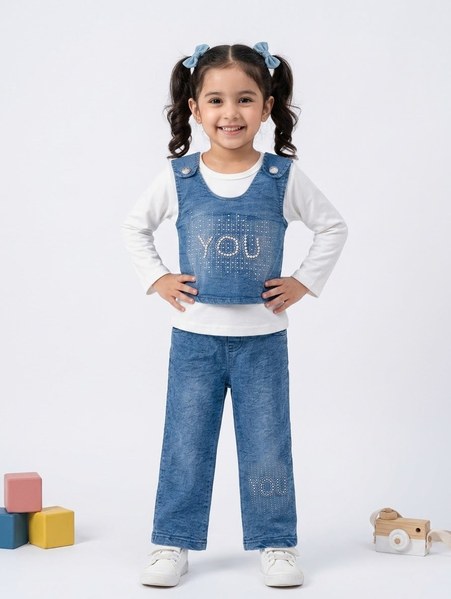Girls Stylish 3-Piece Denim Vest & Jeans Set with Rhinestone Detail