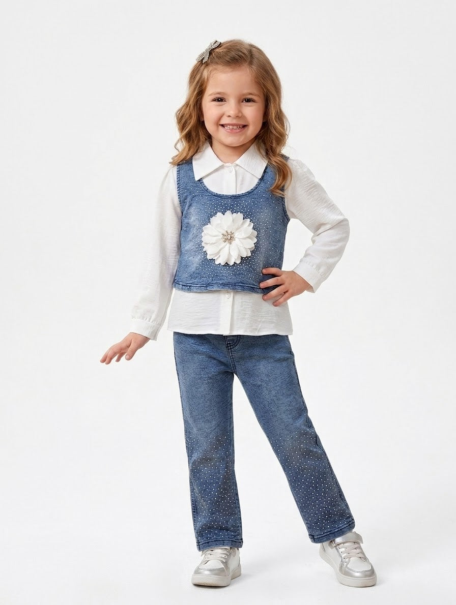 Girls Trendy 3-Piece Flower Patch Denim Vest & Pearl Dots Jeans Set