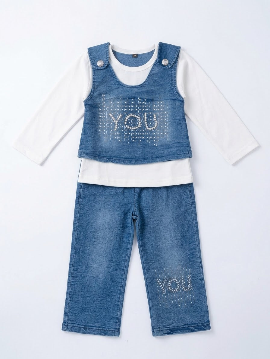 Girls Stylish 3-Piece Denim Vest & Jeans Set with Rhinestone Detail