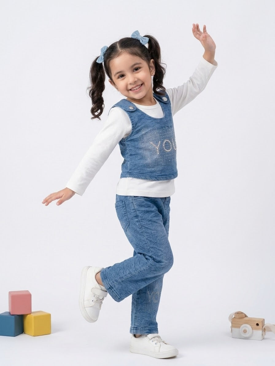 Girls Stylish 3-Piece Denim Vest & Jeans Set with Rhinestone Detail