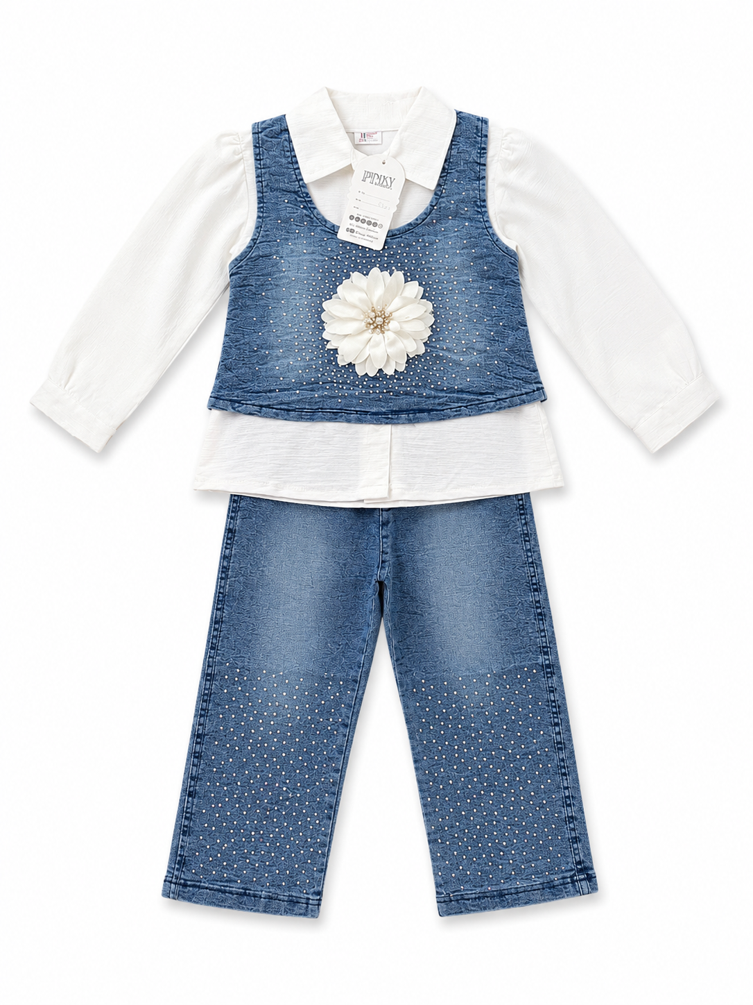 Girls Trendy 3-Piece Flower Patch Denim Vest & Pearl Dots Jeans Set